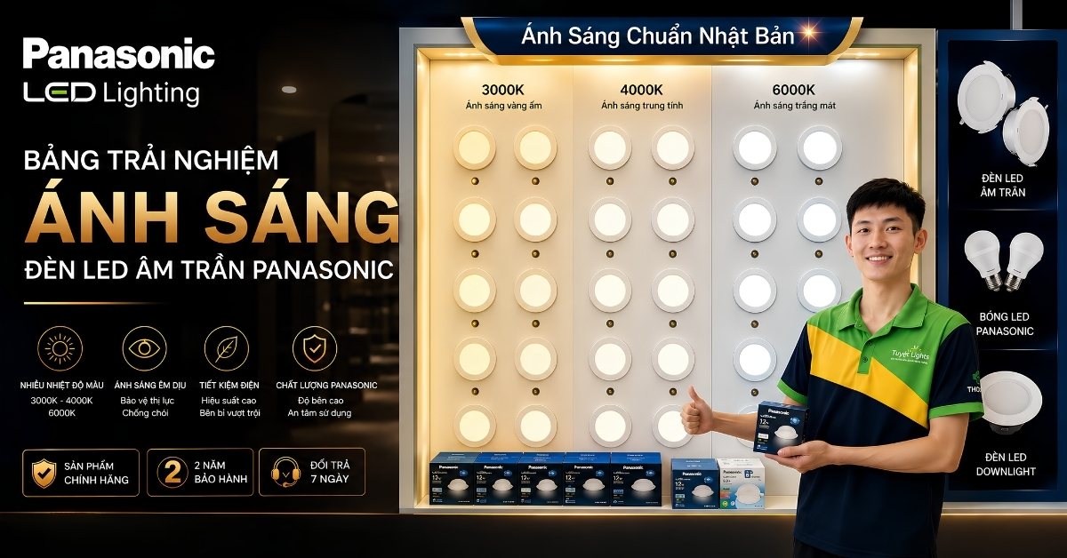 Bảng trải nghiệm đèn LED âm trần Panasonic với các mức nhiệt độ màu và nhân viên giới thiệu sản phẩm